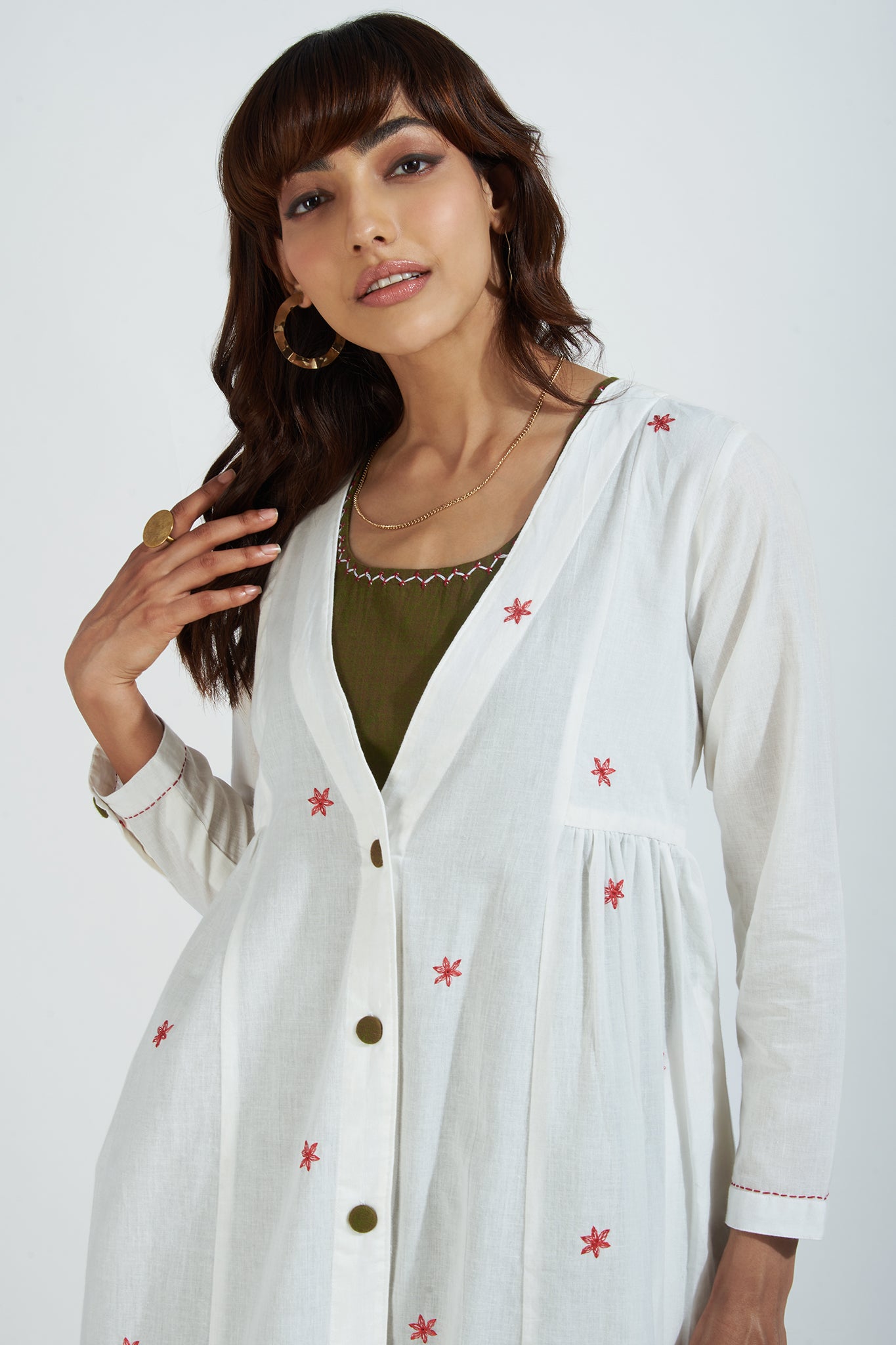 deep v-neck button down jacket with gathers - ivory elegance & crimson bouquet