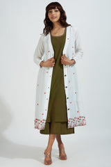 deep v-neck button down jacket with gathers - ivory elegance & crimson bouquet