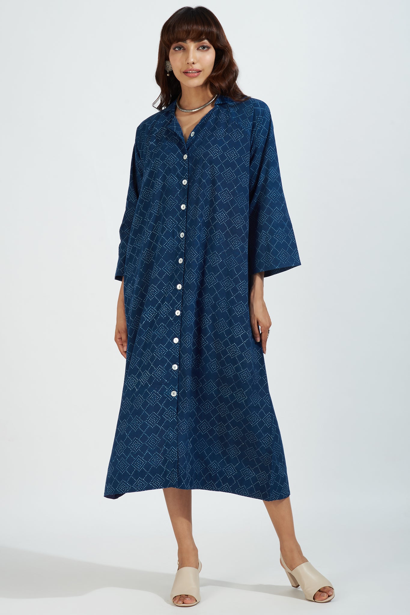 button down johnny collar shirt dress - enchanting indigo & stardust speckles