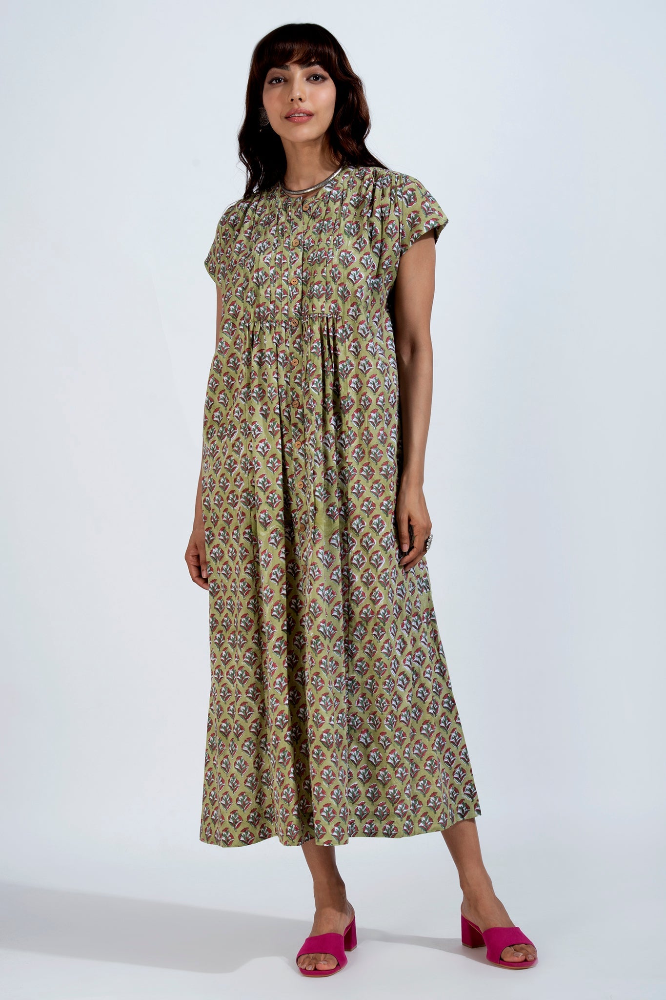 button down pintuck dress - glowing jade & springtime palette