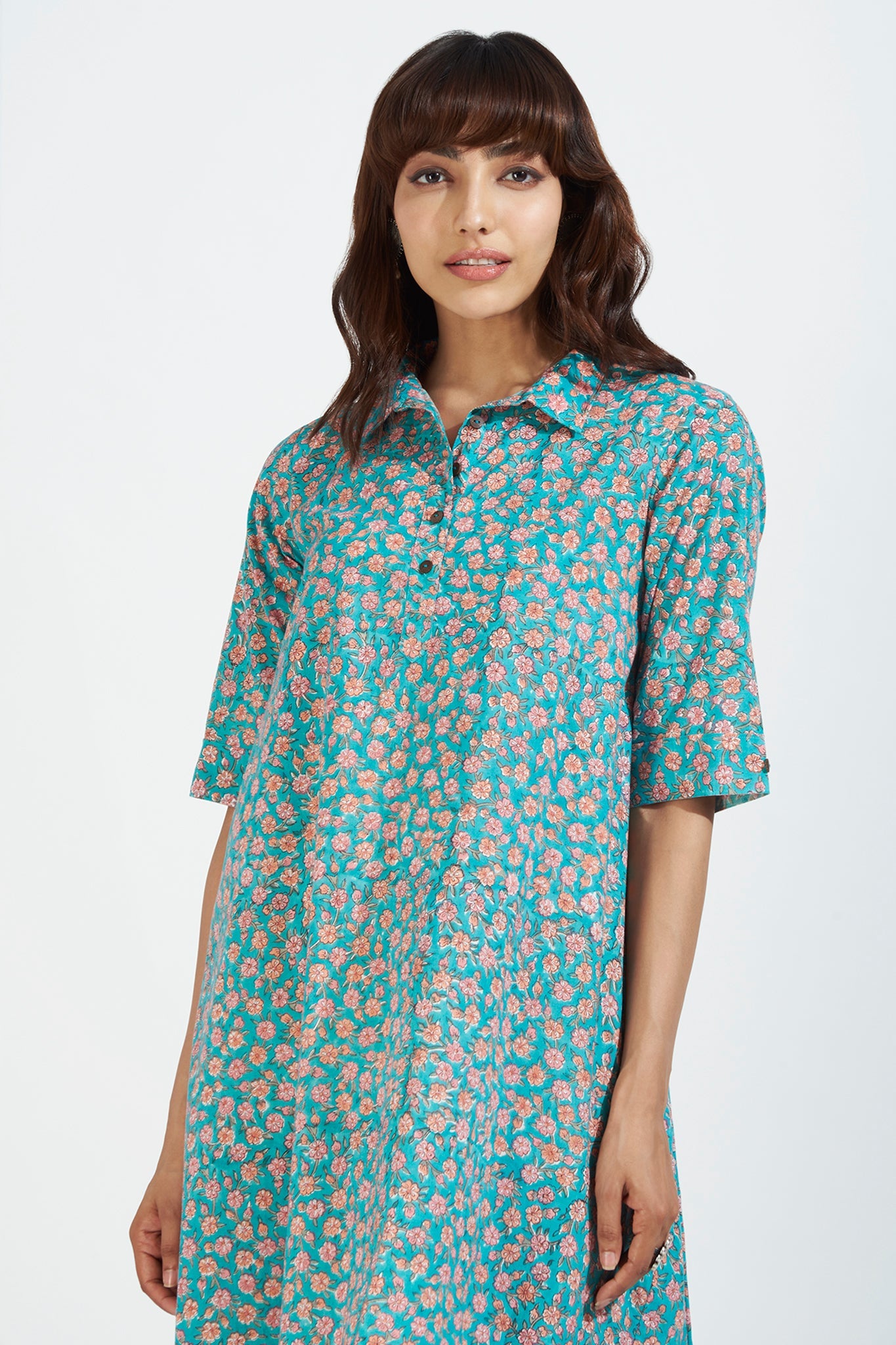contemporary collar swing dress - aruba blue & coastal blooms