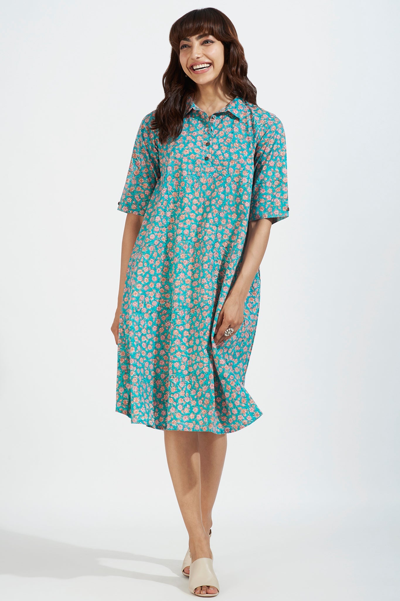 contemporary collar swing dress - aruba blue & coastal blooms
