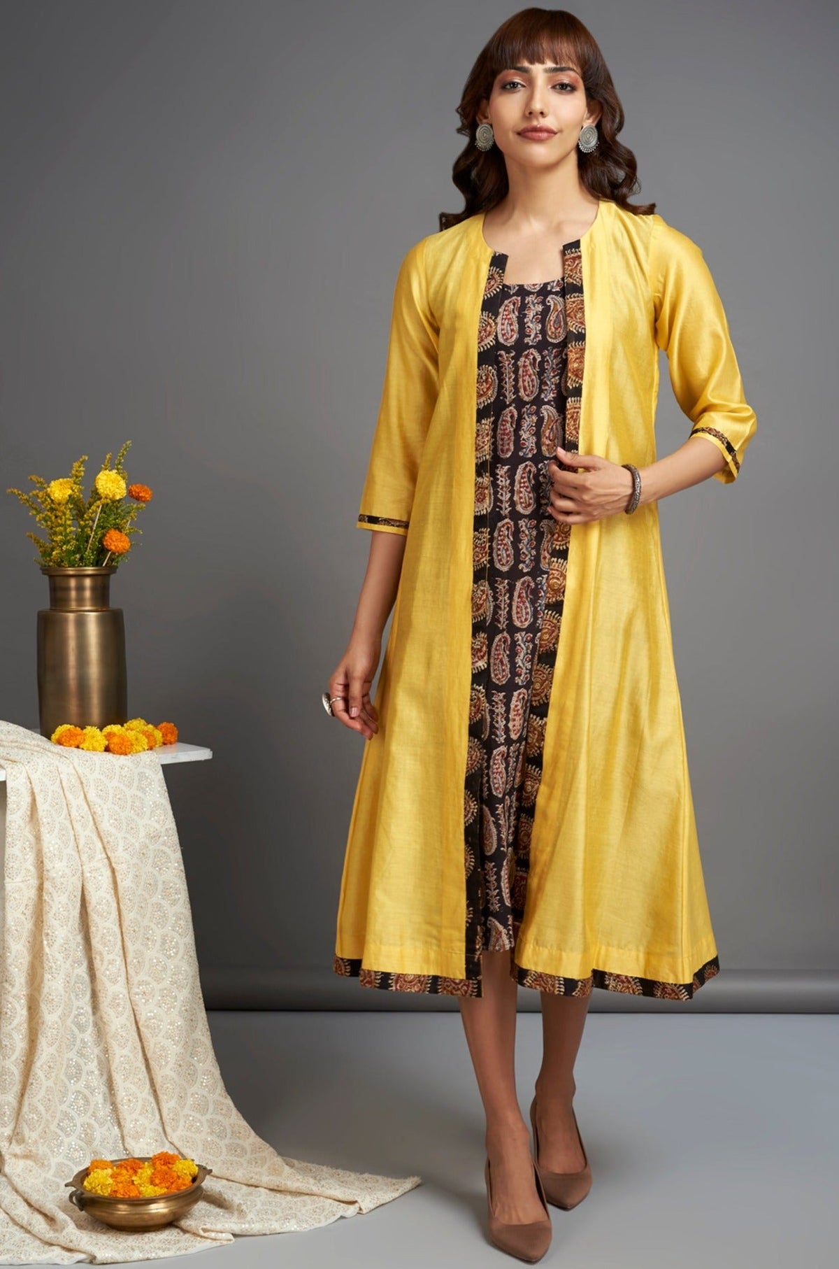 long chanderi jacket - blazing yellow & sable paisleys (only jacket)