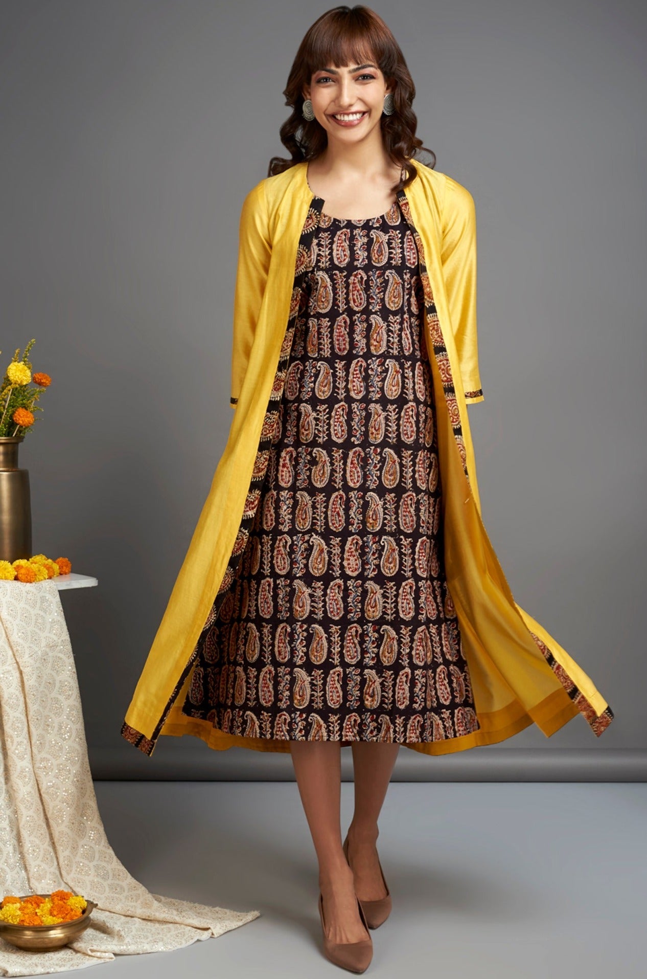 long chanderi jacket - blazing yellow & sable paisleys (only jacket)
