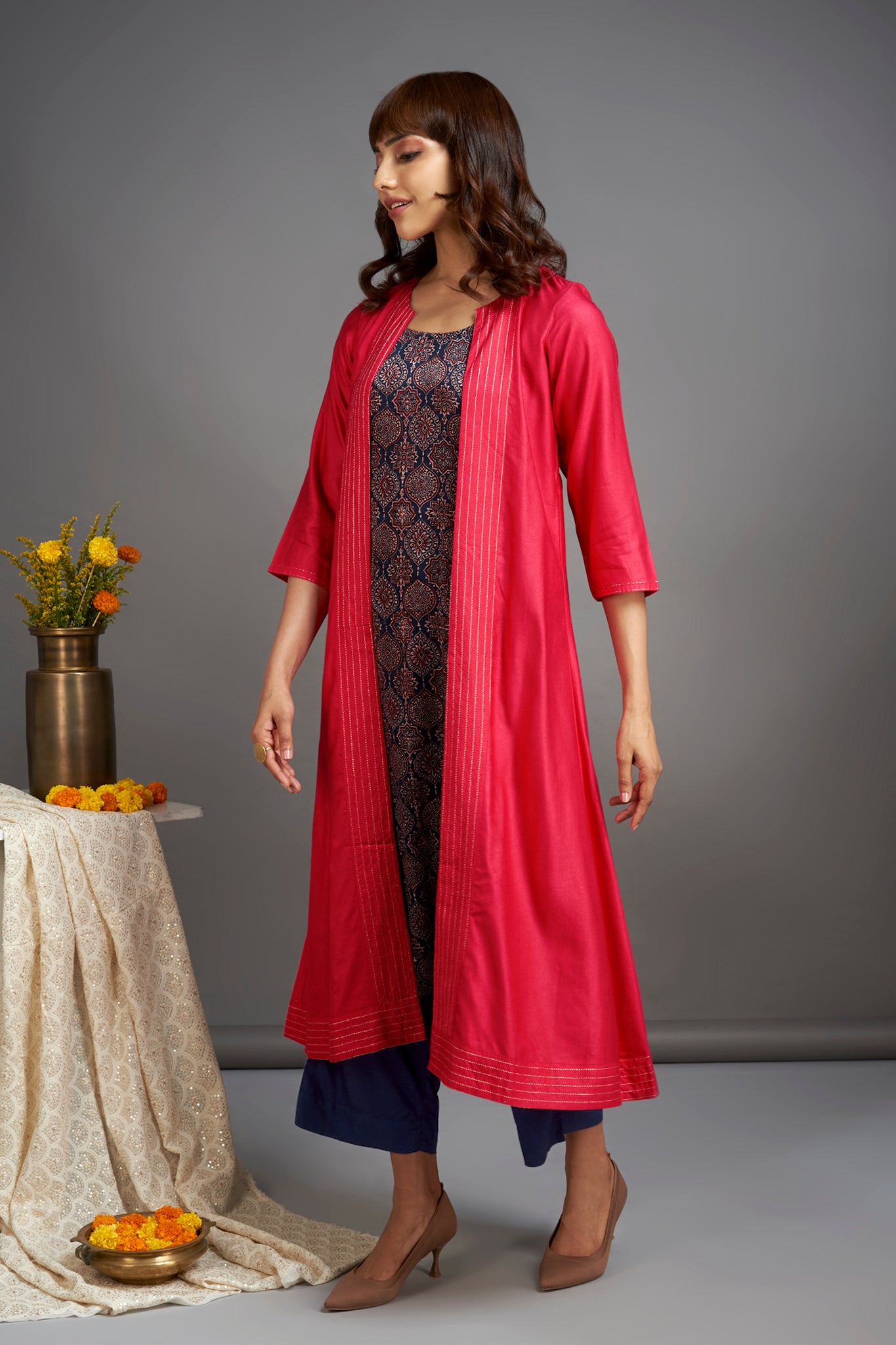 long viscose silk jacket - fierce pink & celestial lamps  (only jacket)