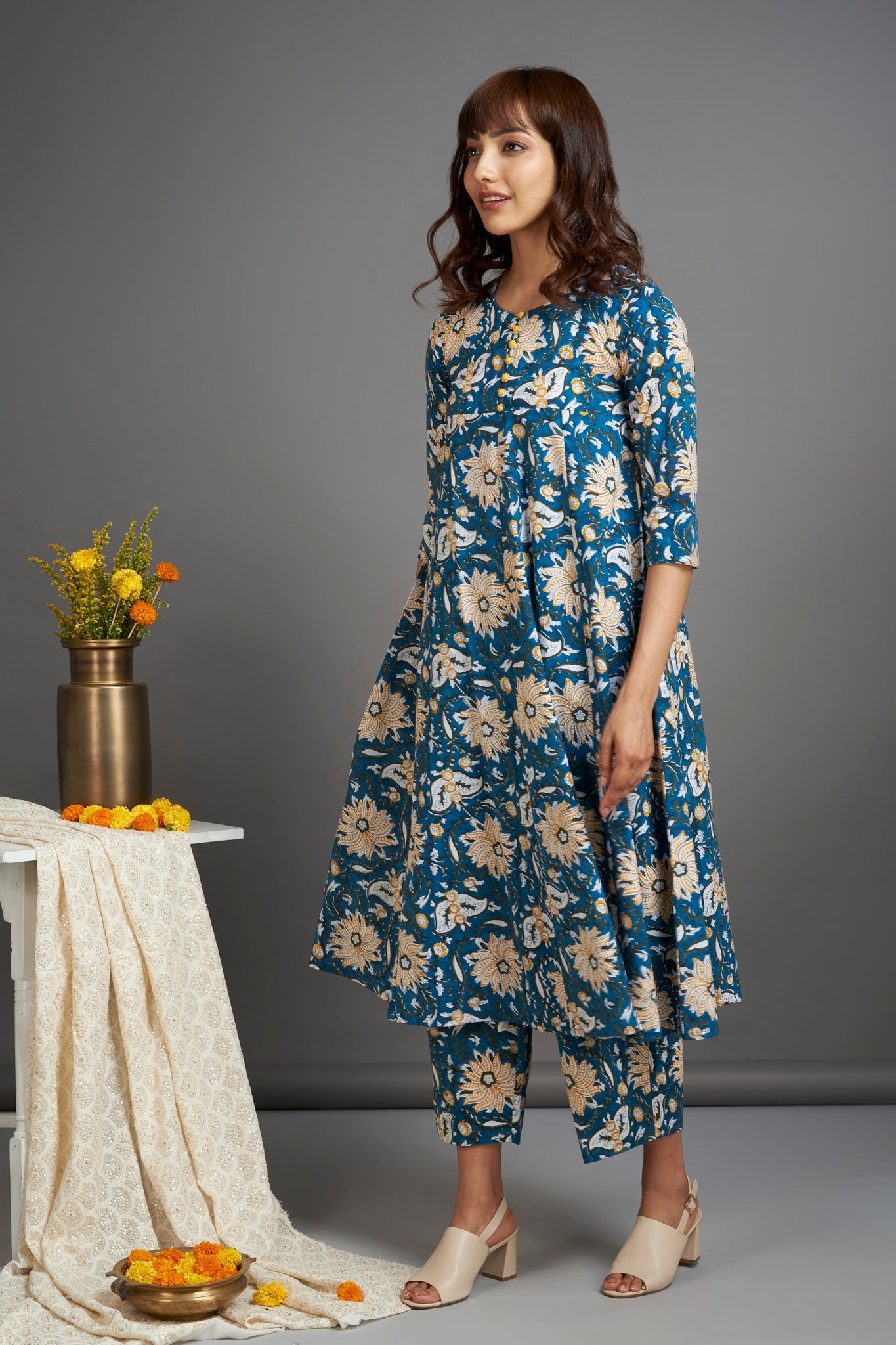 elegant anarkali - glorious peacock & bloomquist dahlia