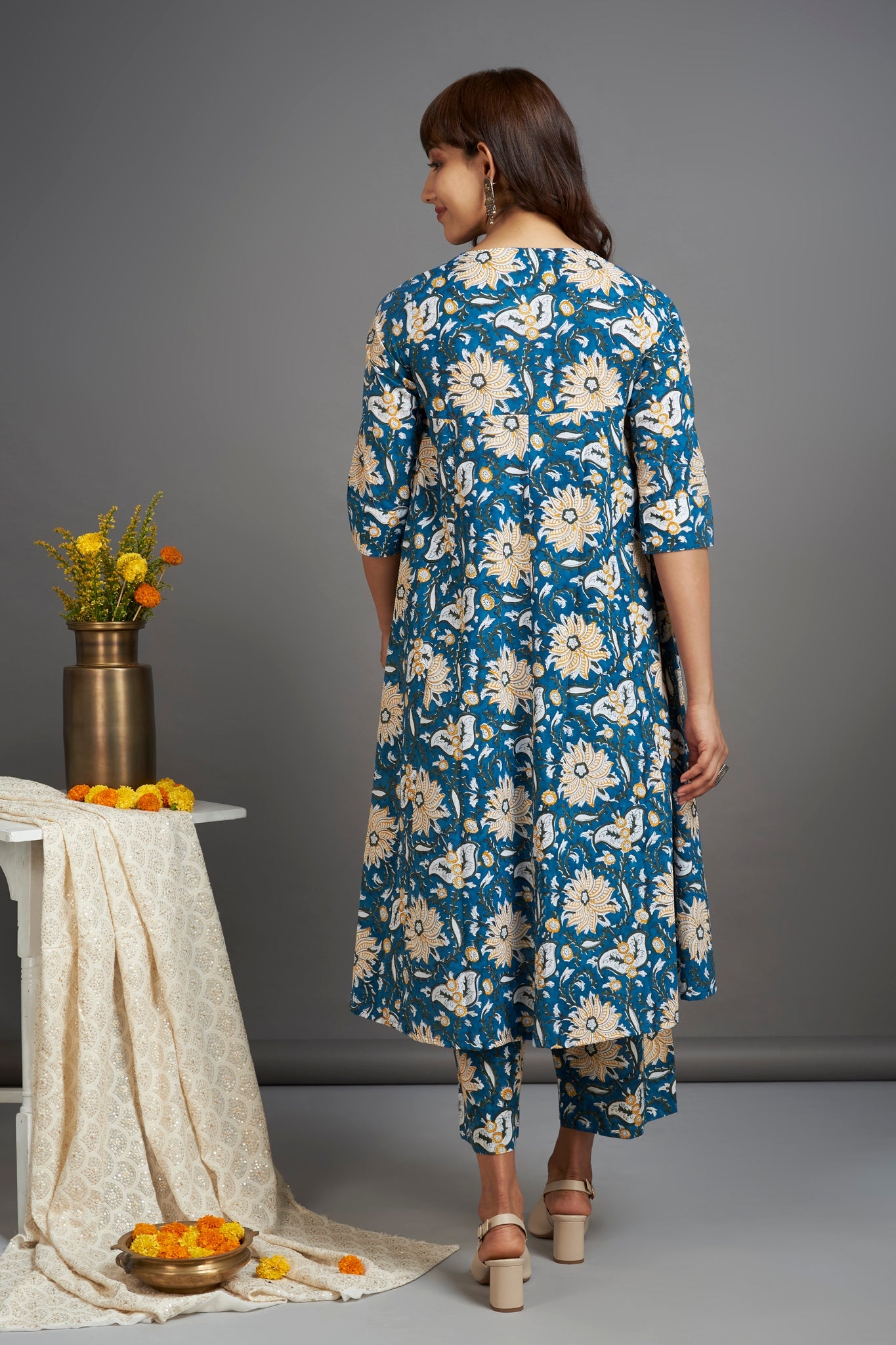 elegant anarkali - glorious peacock & bloomquist dahlia