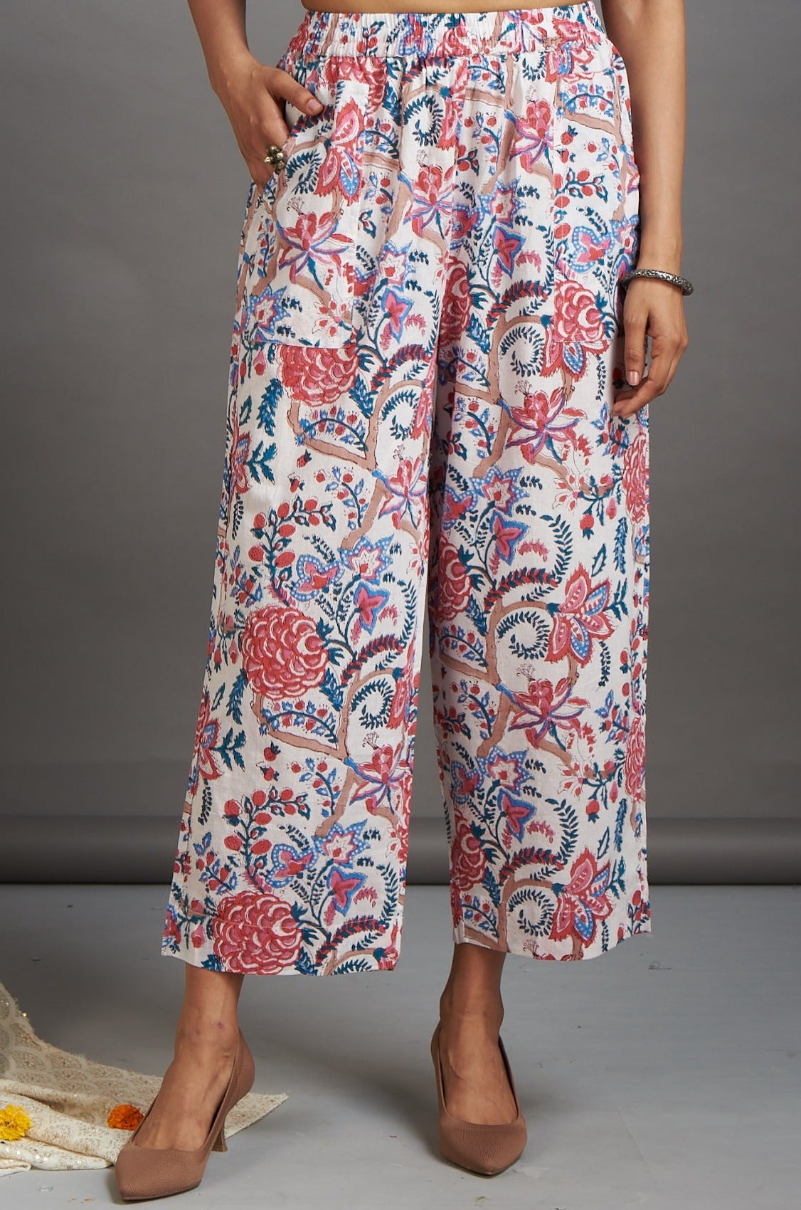 cotton pants - floral white pink