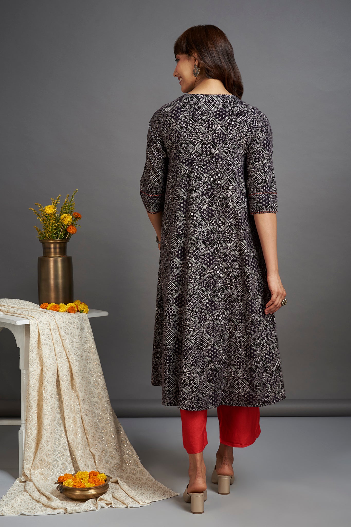 elegant anarkali - starlit night & coquelicot orange