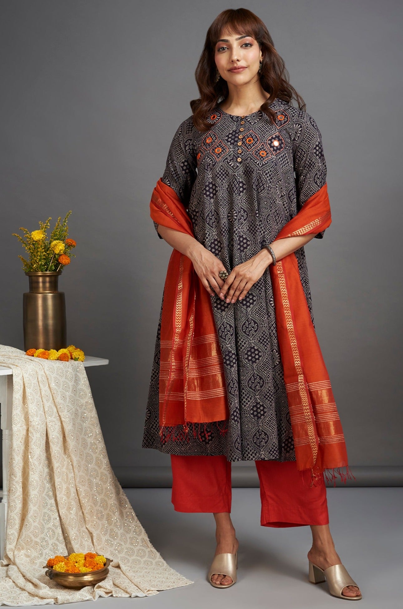 elegant anarkali - starlit night & coquelicot orange