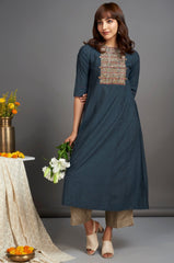 hand embroidered pintuck yoke kurta - hidden sapphire & silver shores
