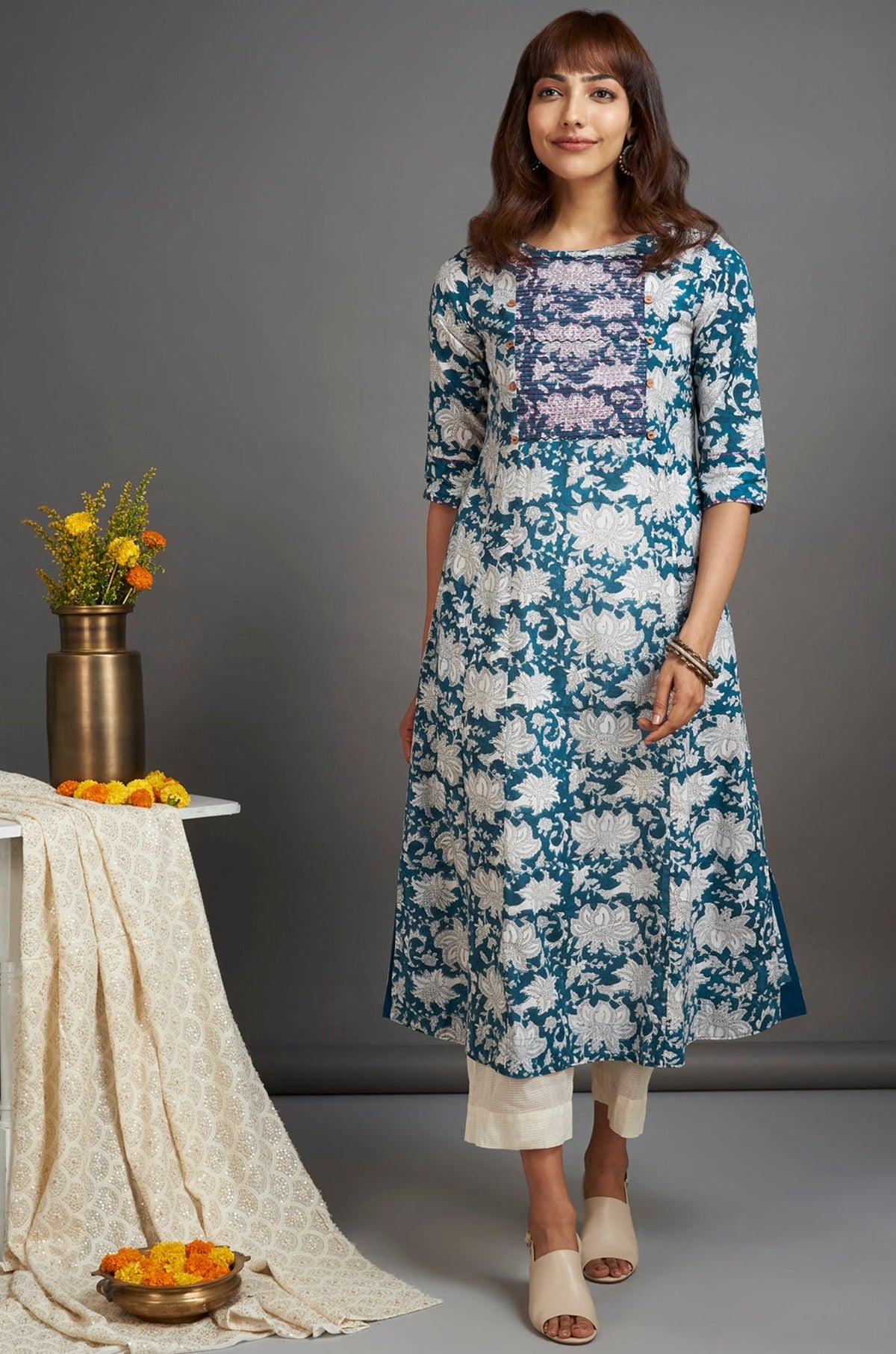 hand embroidered pintuck yoke kurta - teal zeal & white hyacinth