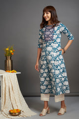hand embroidered pintuck yoke kurta - teal zeal & white hyacinth