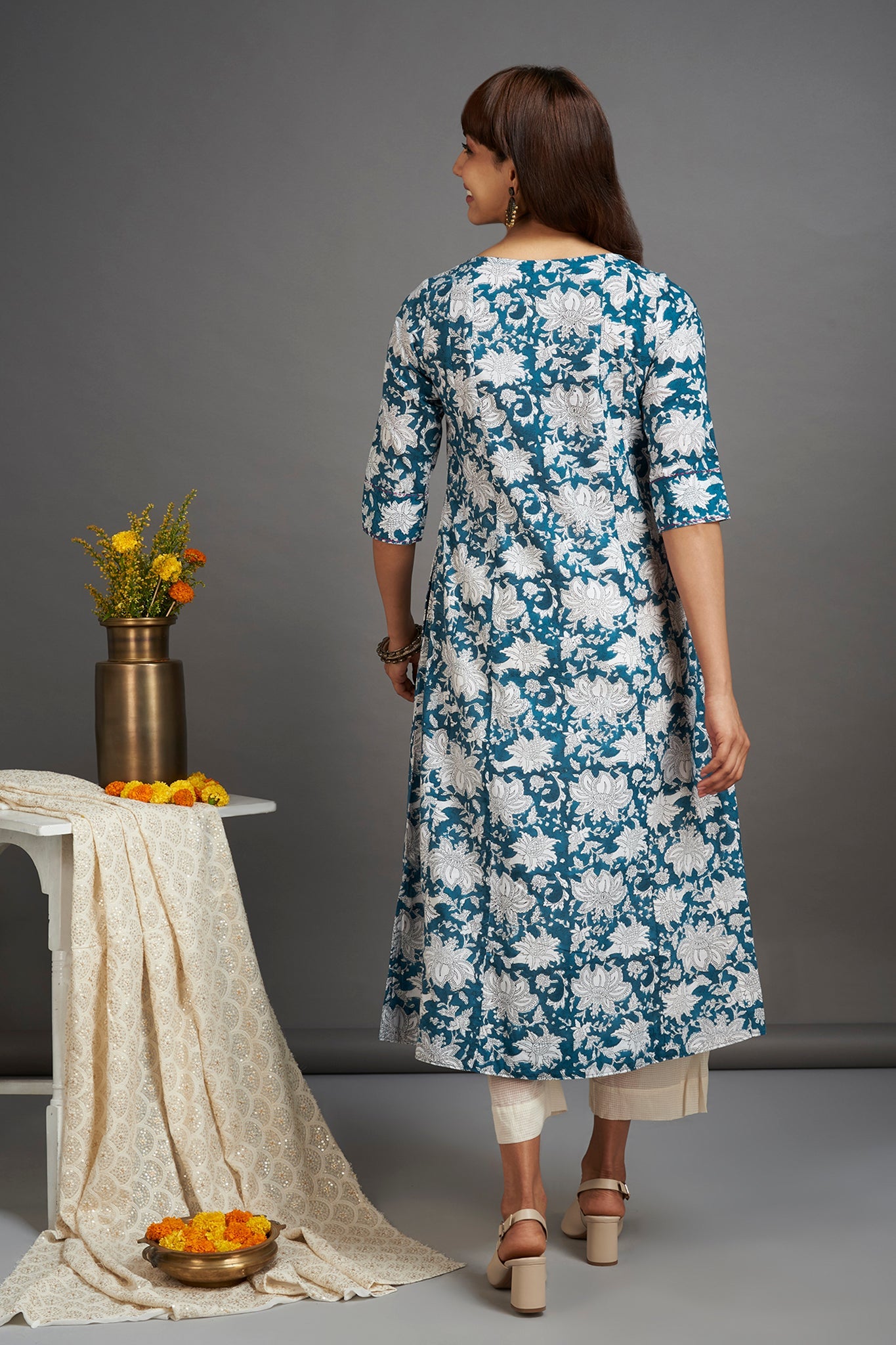 hand embroidered pintuck yoke kurta - teal zeal & white hyacinth