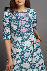 hand embroidered pintuck yoke kurta - teal zeal & white hyacinth