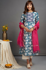 hand embroidered pintuck yoke kurta - teal zeal & white hyacinth