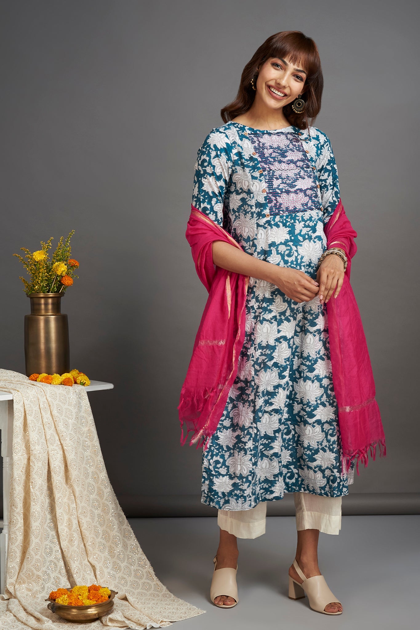 hand embroidered pintuck yoke kurta - teal zeal & white hyacinth