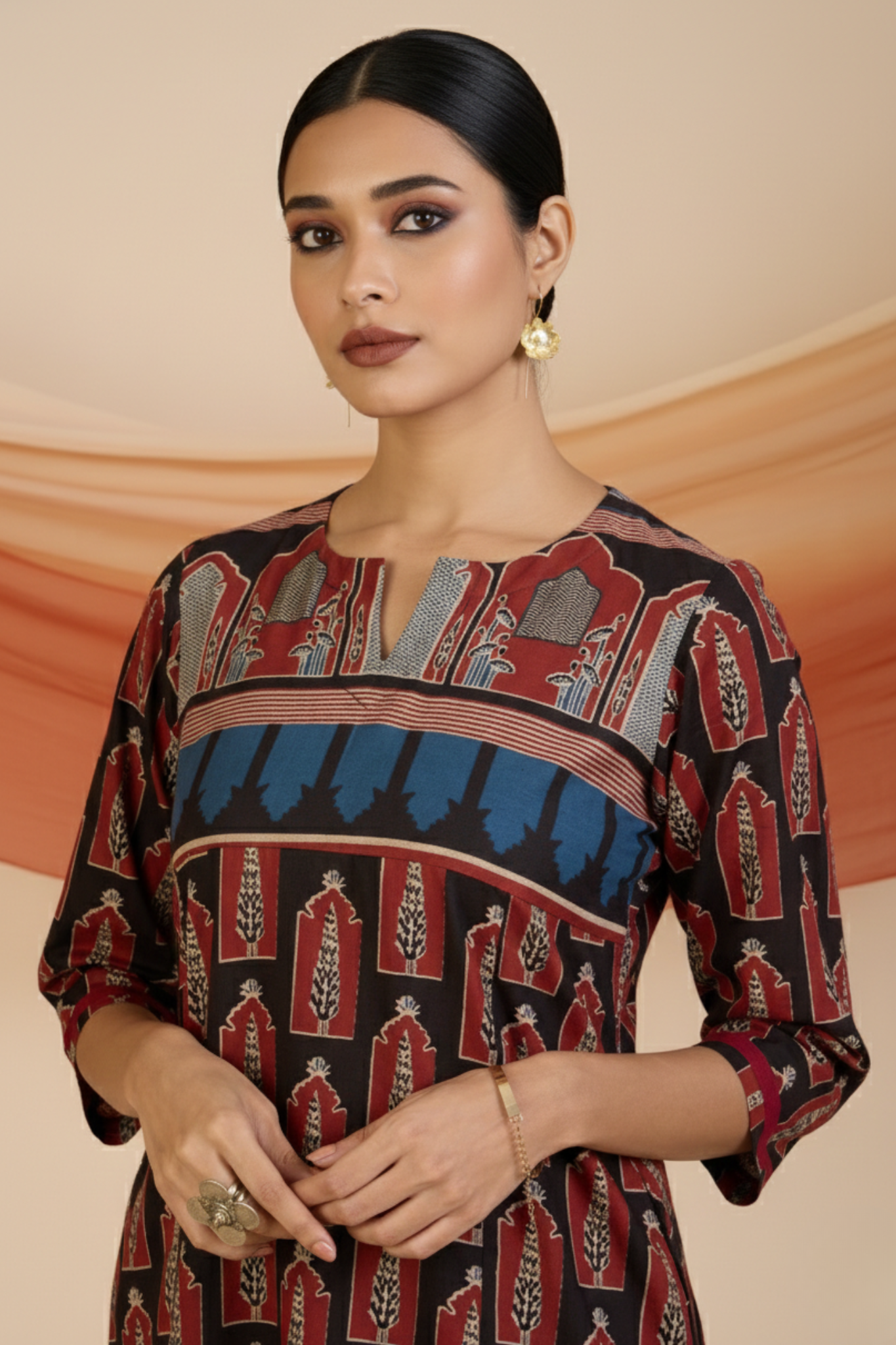 Madder Cypress Patchwork Long Kurta with Slit