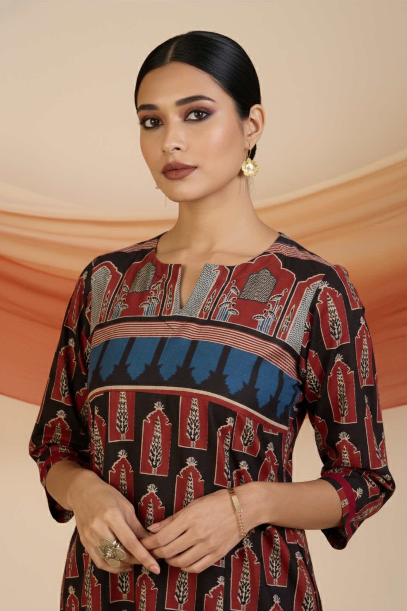 Madder Cypress Patchwork Long Kurta with Slit