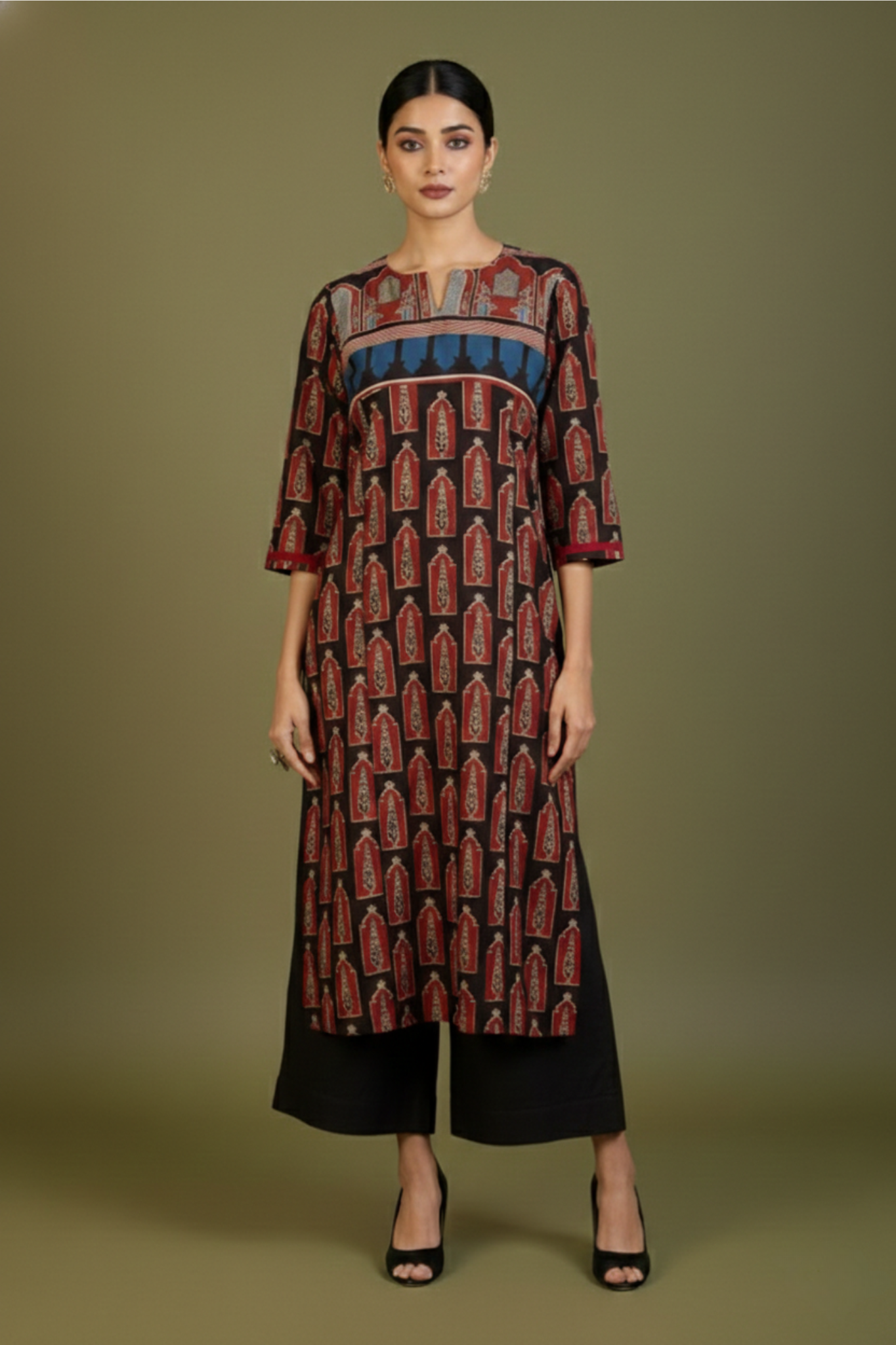 Madder Cypress Patchwork Long Kurta with Slit