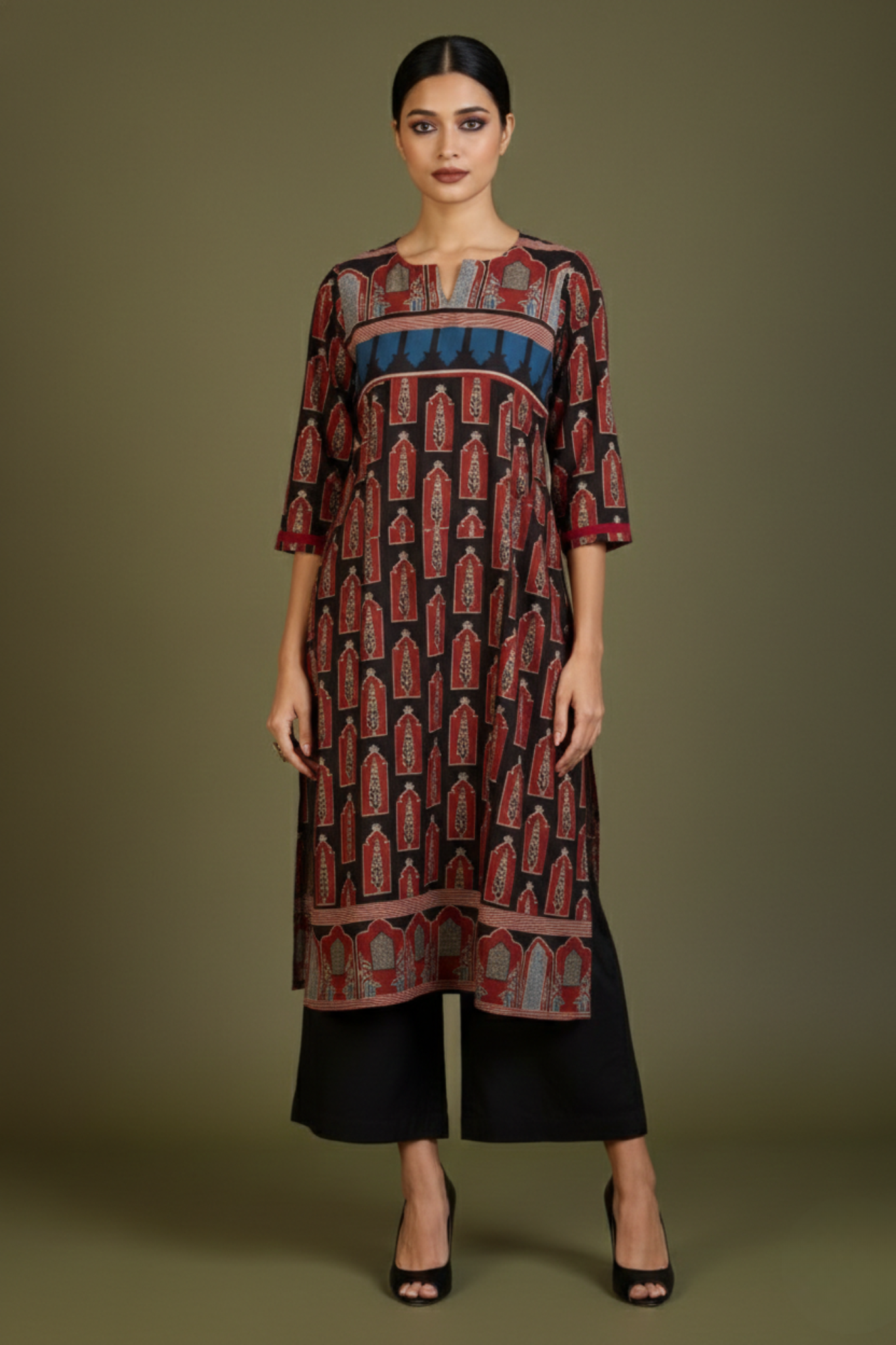Madder Cypress Patchwork Long Kurta with Slit