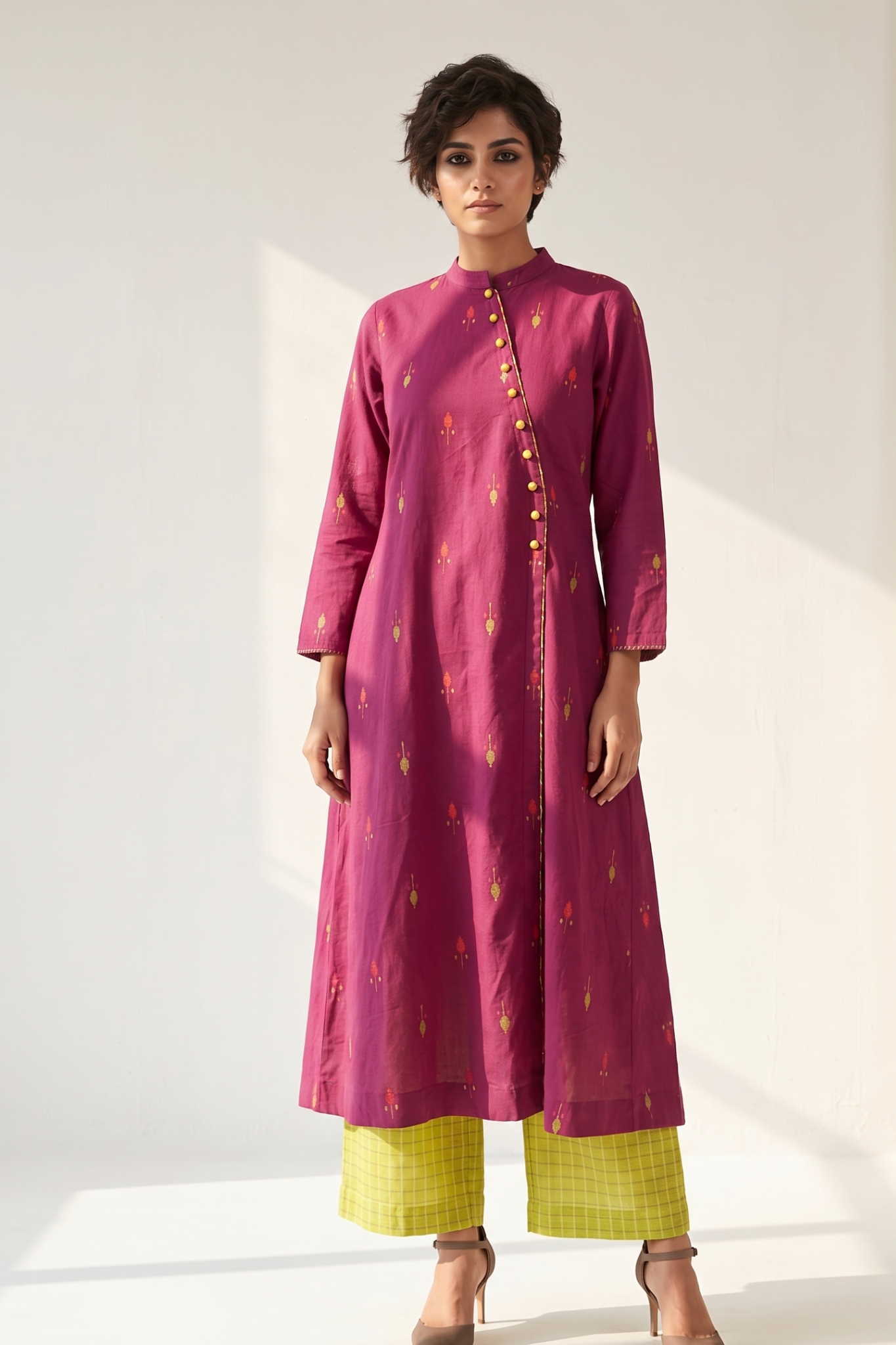 Magenta Petal Dots Cross Potli Angrakha Kurta
