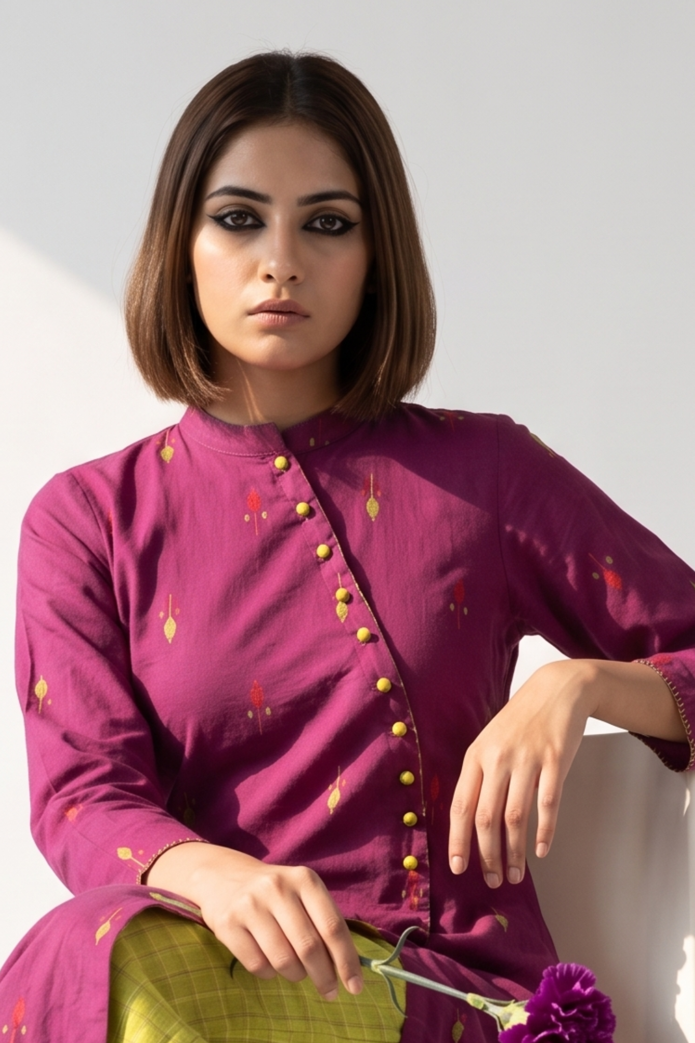 Magenta Petal Dots Cross Potli Angrakha Kurta