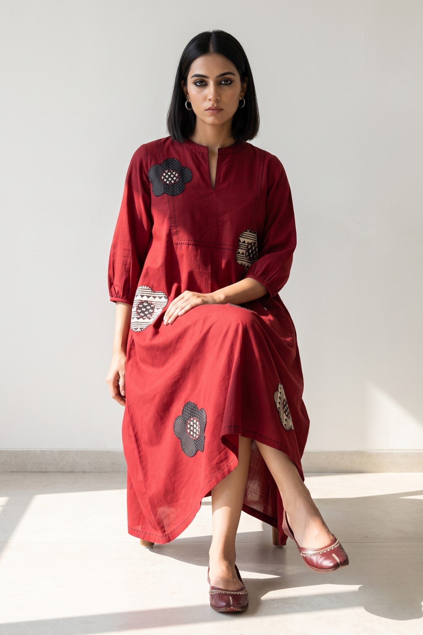 Chestnut and Champa Maroon Cotton Dress With Patch Pocket