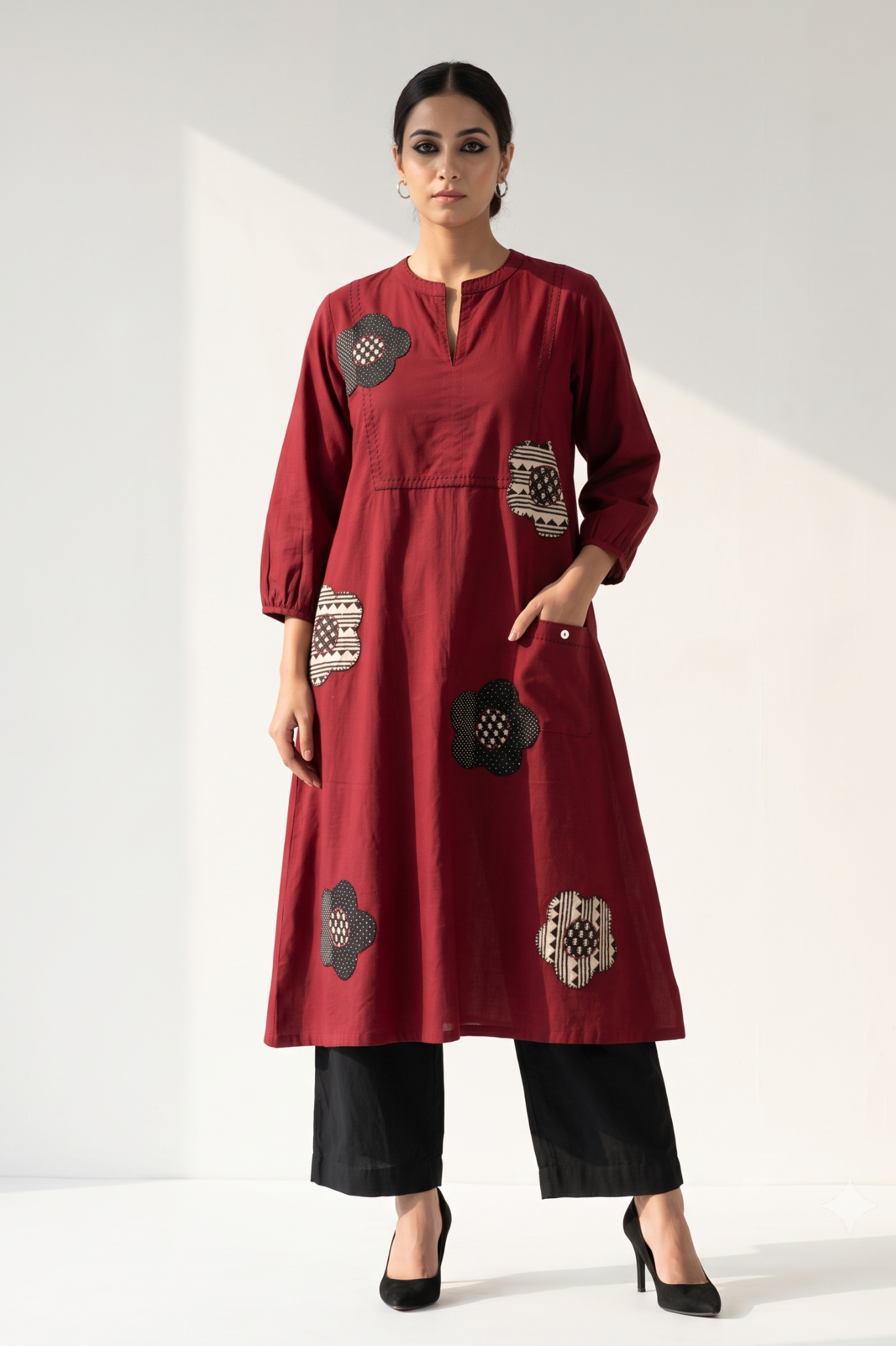 Chestnut and Champa Maroon Cotton Dress With Patch Pocket