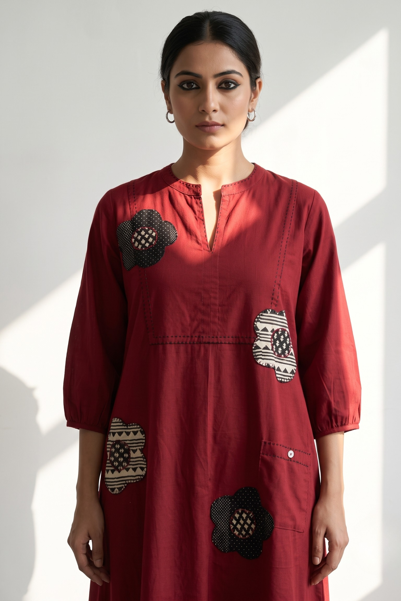 Chestnut and Champa Maroon Cotton Dress With Patch Pocket