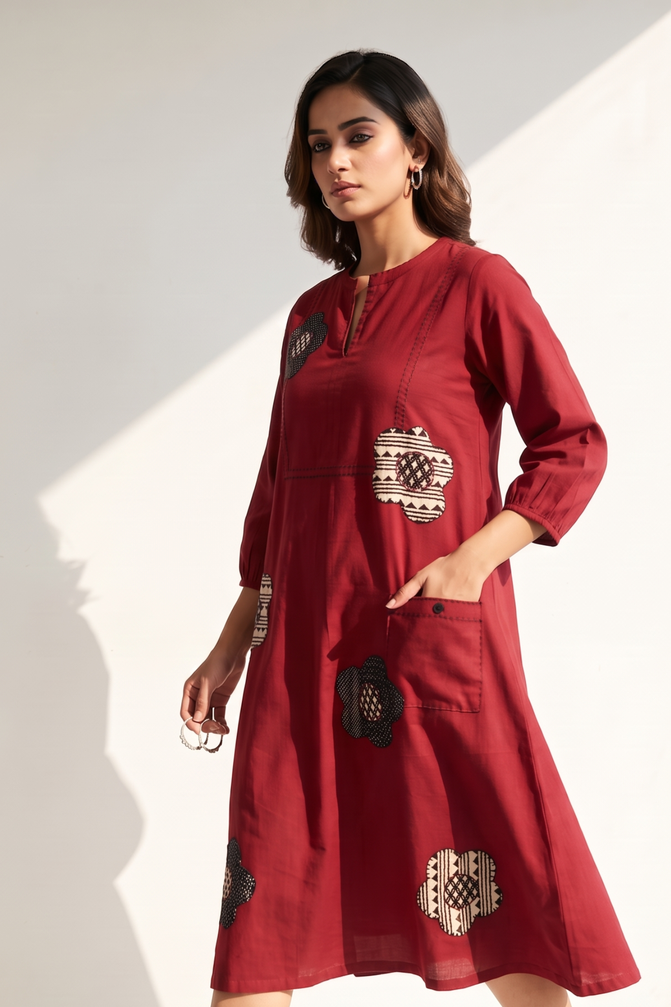 Chestnut and Champa Maroon Cotton Dress With Patch Pocket