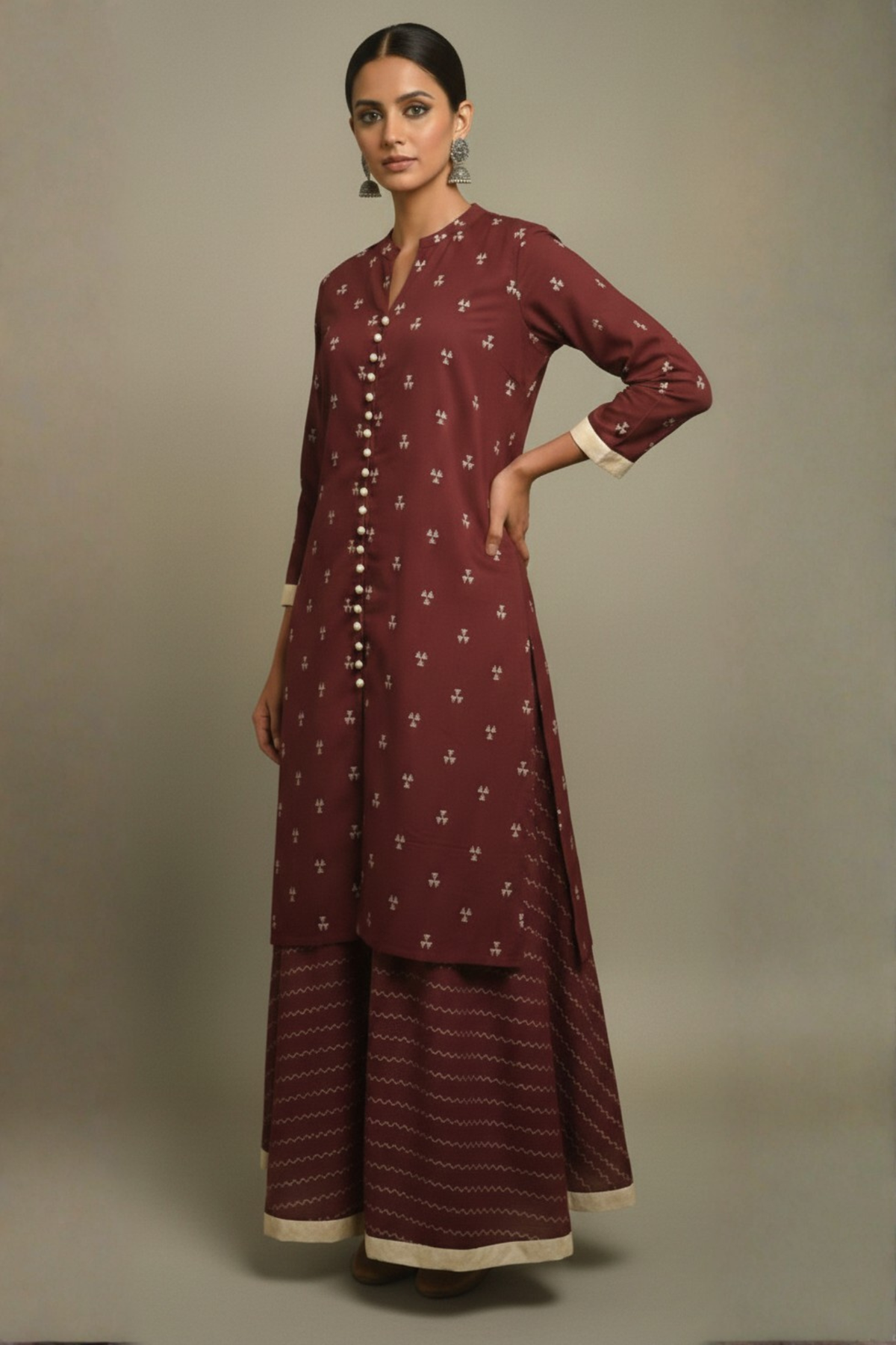 Co ord Set Maroon Tri-Petal Cotton Button Down Kurta with Flared Skirt
