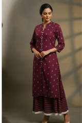Co ord Set Maroon Tri-Petal Cotton Button Down Kurta with Flared Skirt