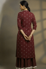 Co ord Set Maroon Tri-Petal Cotton Button Down Kurta with Flared Skirt