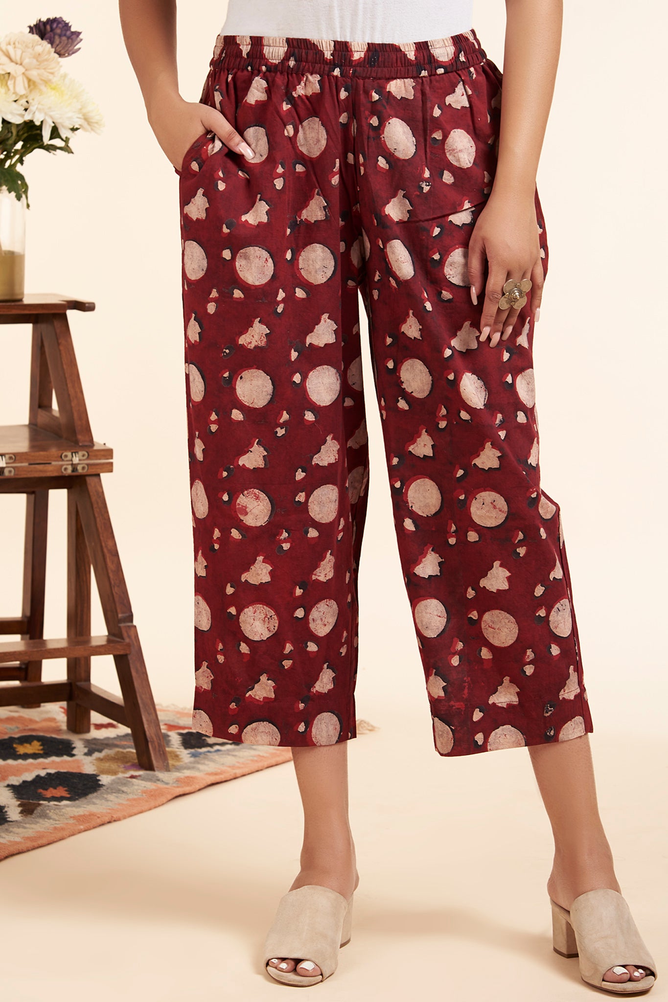 comfort fit ankle length narrow pants  - red & ajrakh