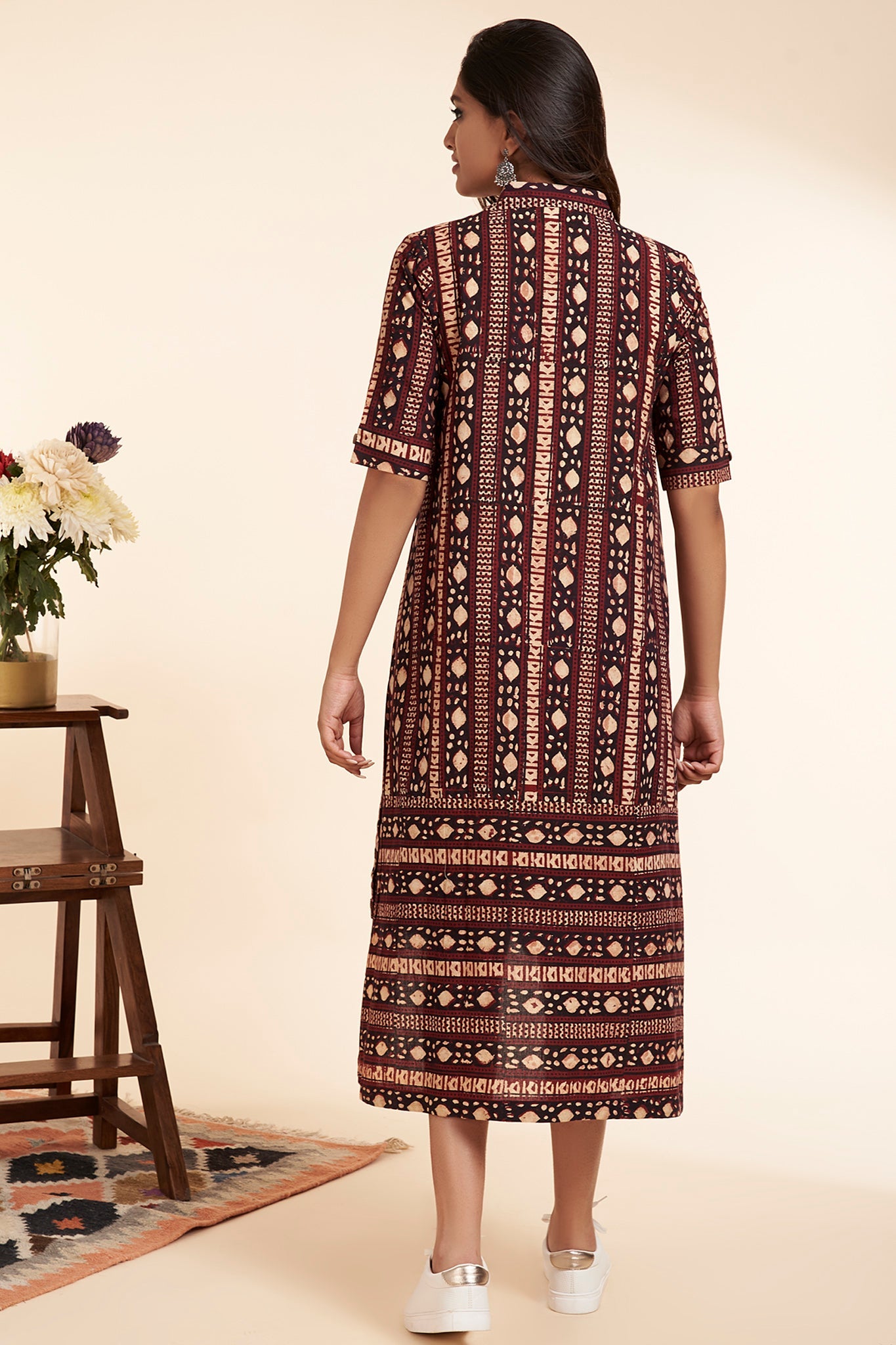 asymmetrical button down tunic  - barn red & kohl highlights