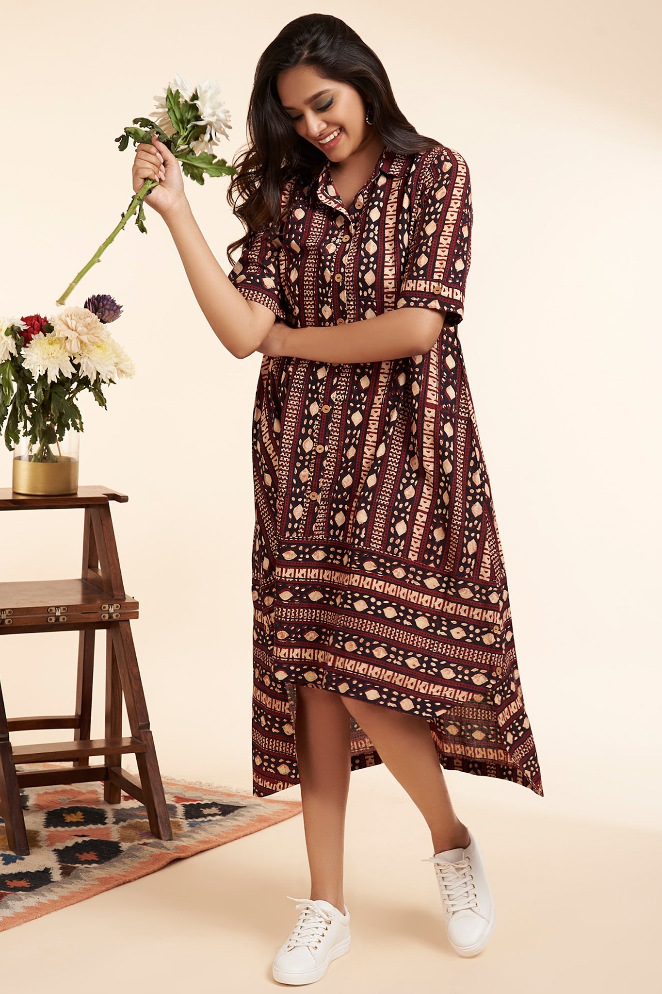 asymmetrical button down tunic  - barn red & kohl highlights