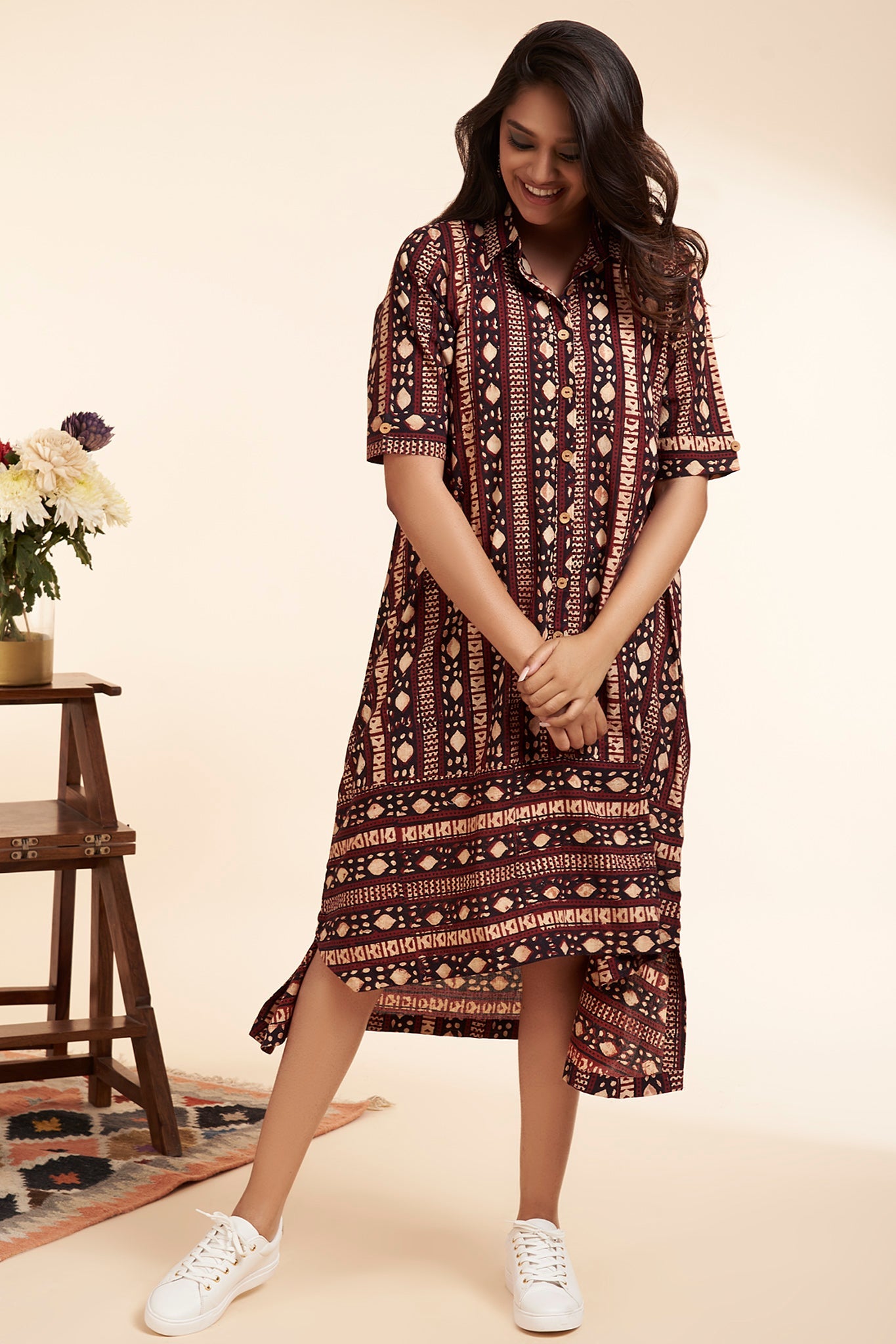asymmetrical button down tunic  - barn red & kohl highlights
