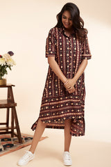 asymmetrical button down tunic  - barn red & kohl highlights