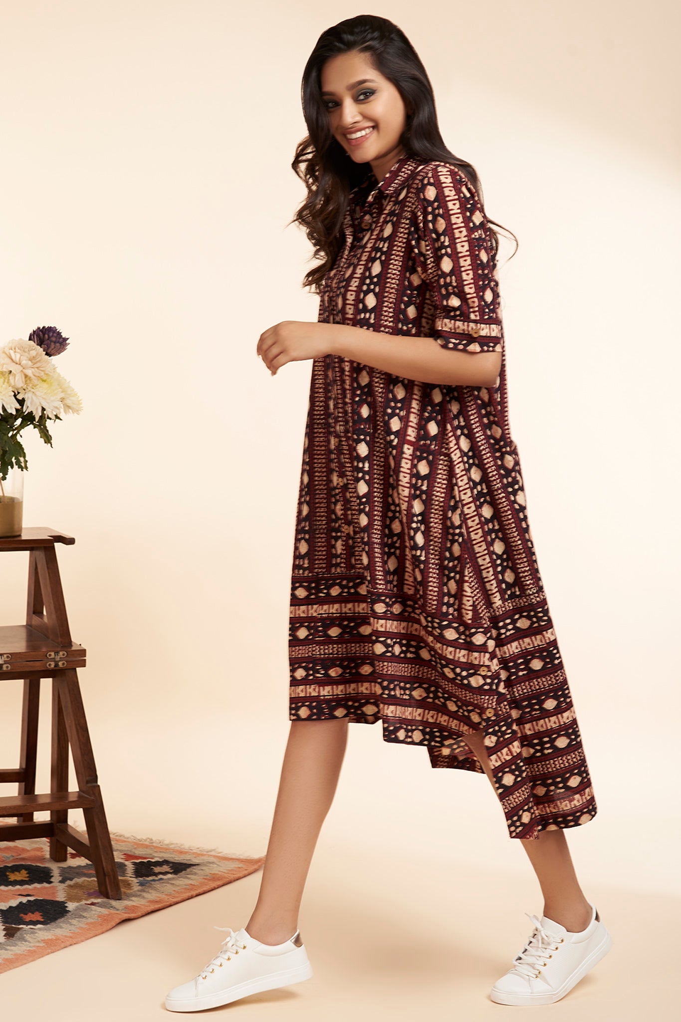 asymmetrical button down tunic  - barn red & kohl highlights