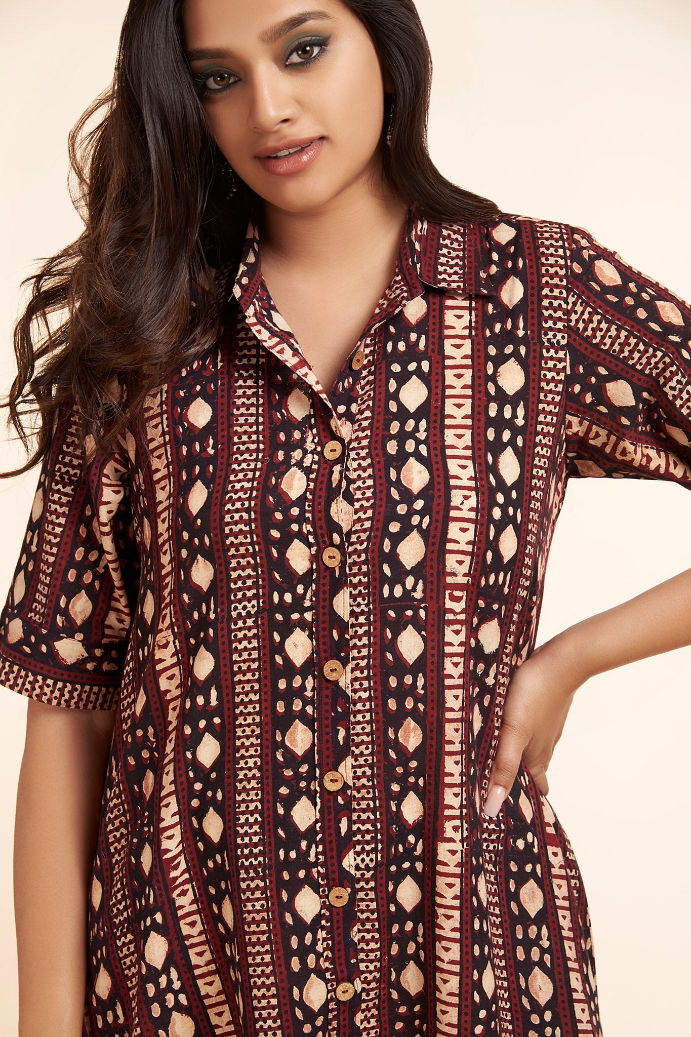 asymmetrical button down tunic  - barn red & kohl highlights