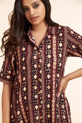 asymmetrical button down tunic  - barn red & kohl highlights