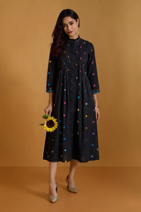 Midnight Pepper Confetti Pleated Pintuck Button Down Dress