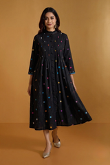 Midnight Pepper Confetti Pleated Pintuck Button Down Dress