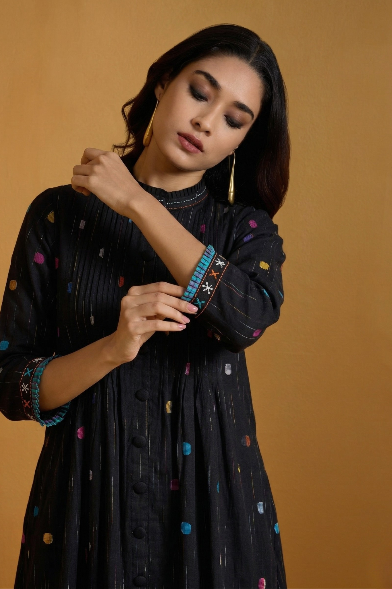 Midnight Pepper Confetti Pleated Pintuck Button Down Dress