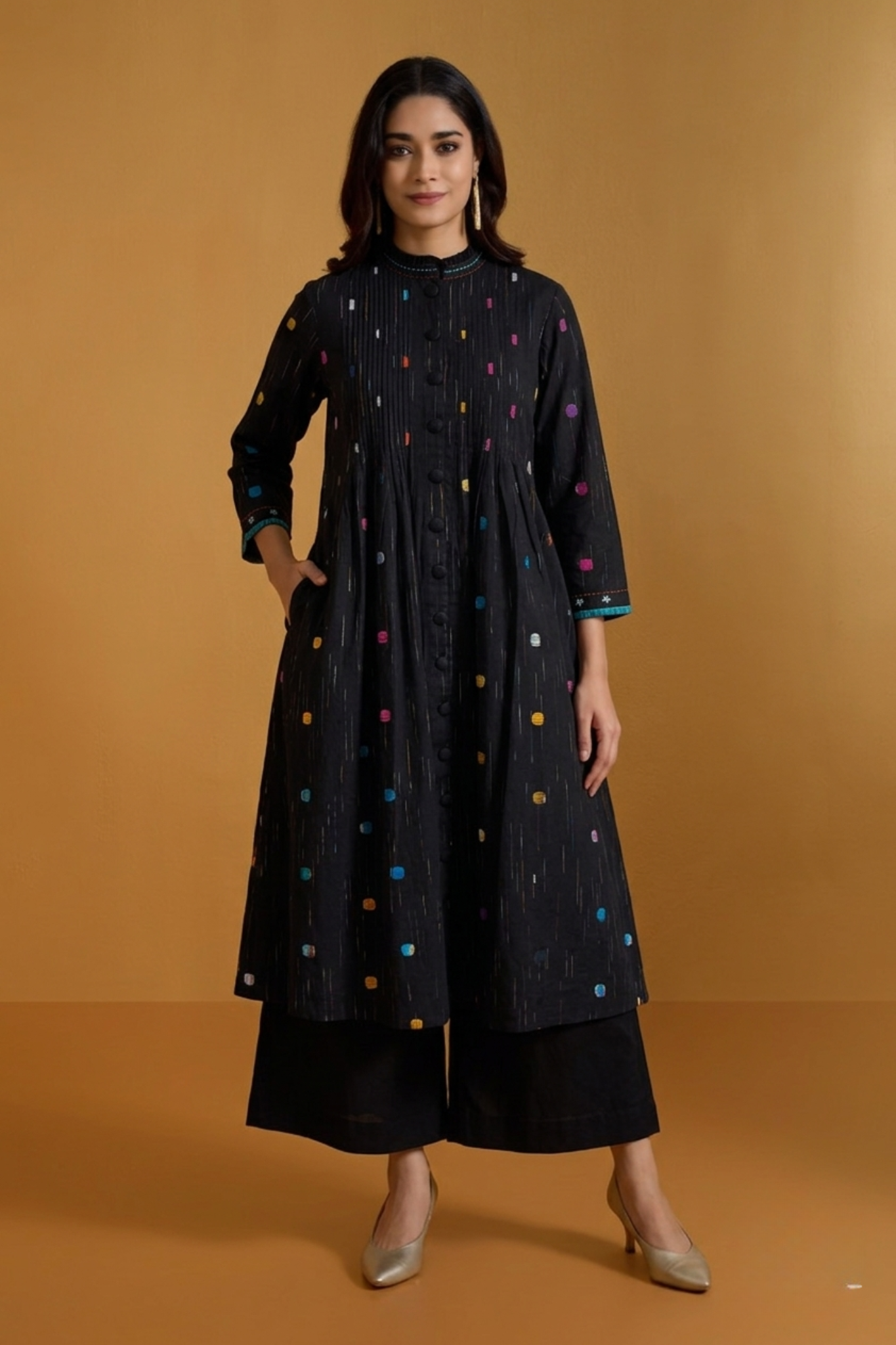 Midnight Pepper Confetti Pleated Pintuck Button Down Dress