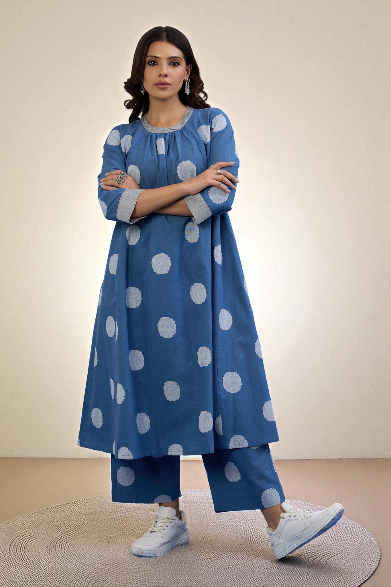 Co-ord Set Sky Dots Cotton Crew Neck Gather Dress & Pants