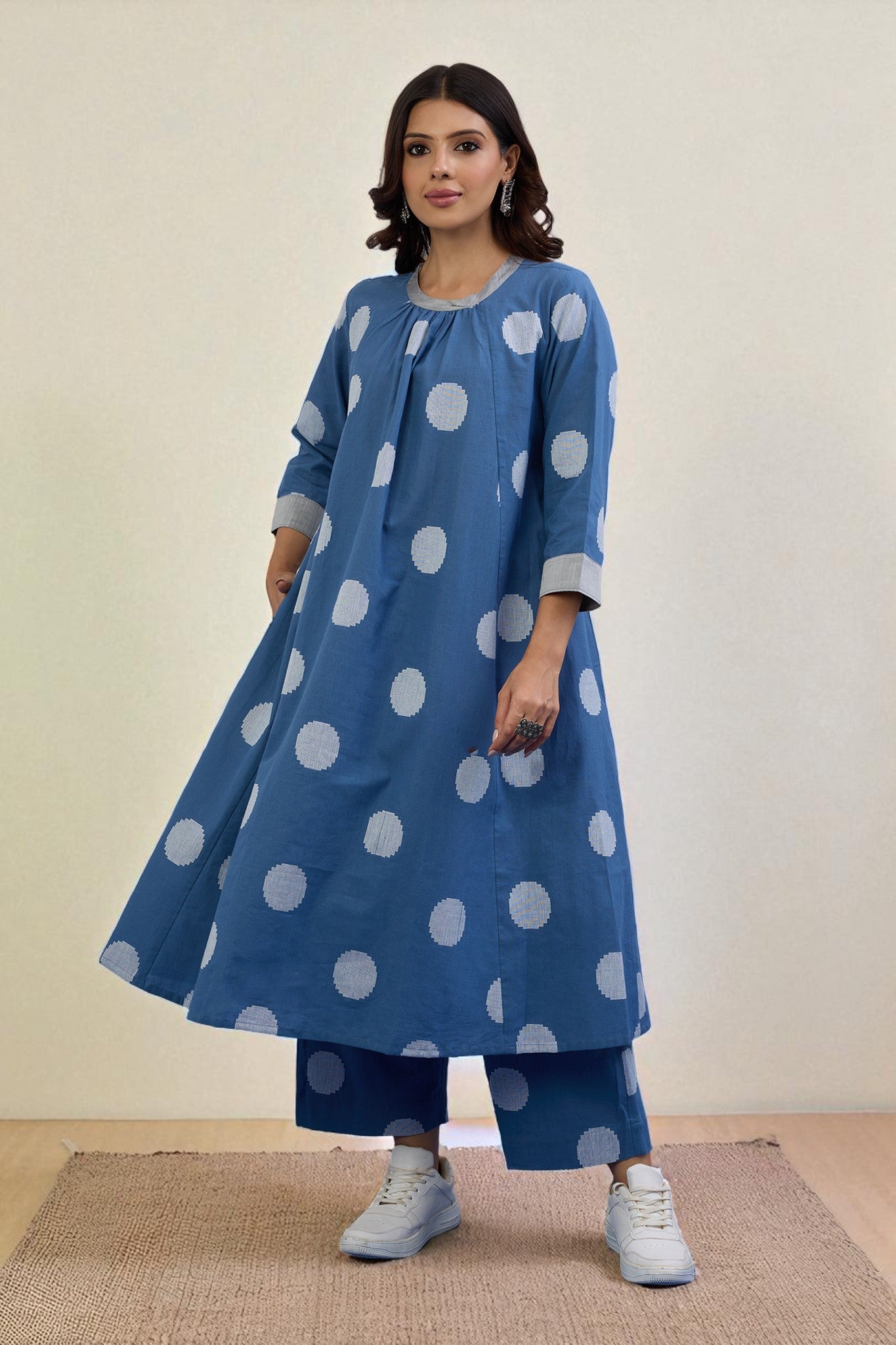 Co-ord Set Sky Dots Cotton Crew Neck Gather Dress & Pants