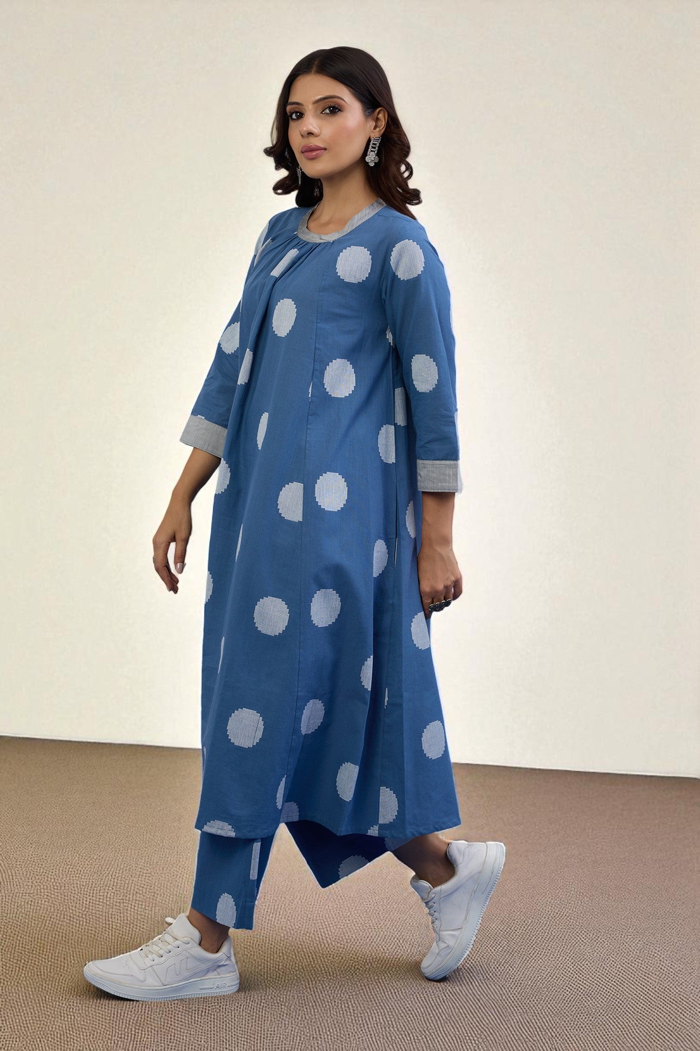 Co-ord Set Sky Dots Cotton Crew Neck Gather Dress & Pants