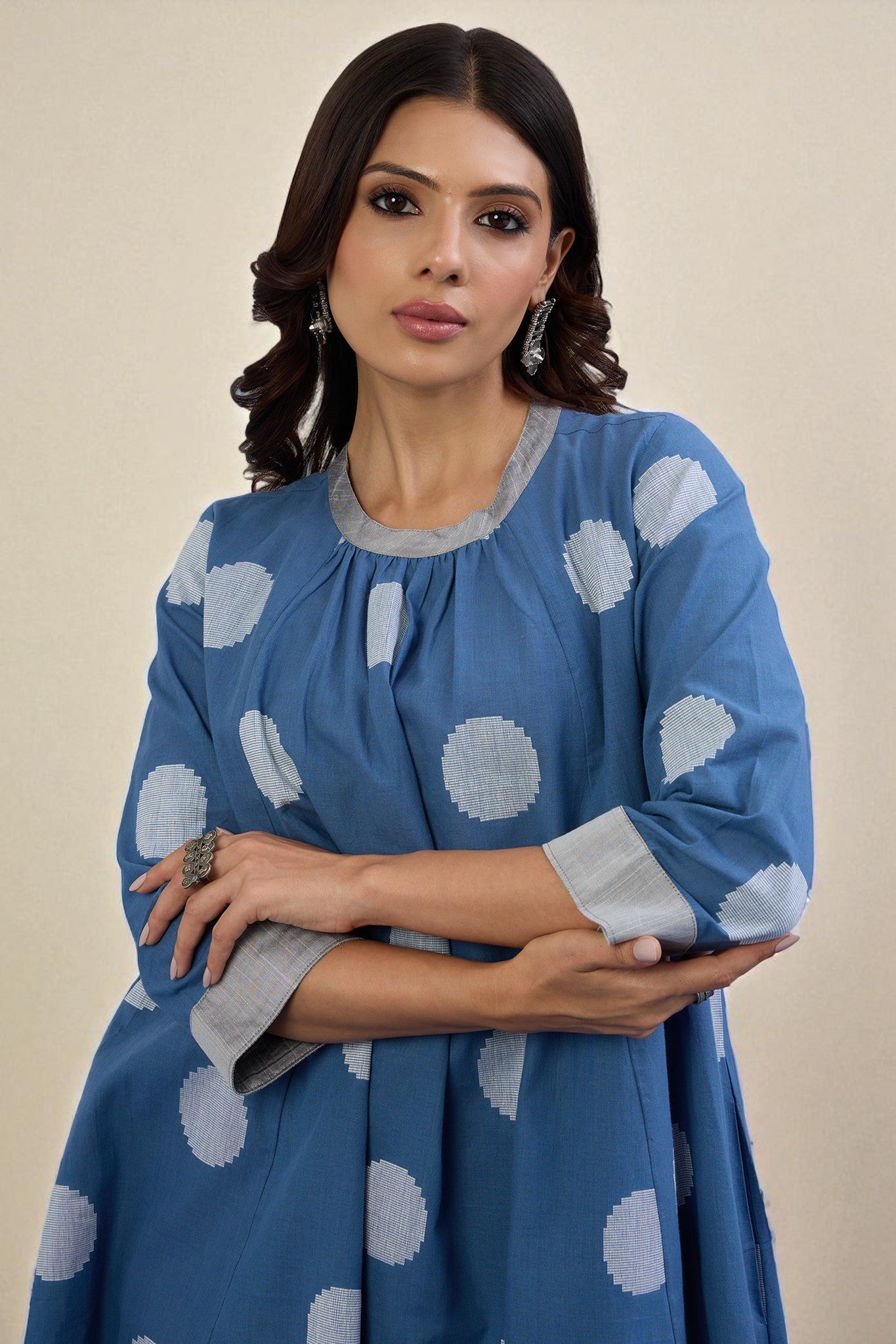 Co-ord Set Sky Dots Cotton Crew Neck Gather Dress & Pants